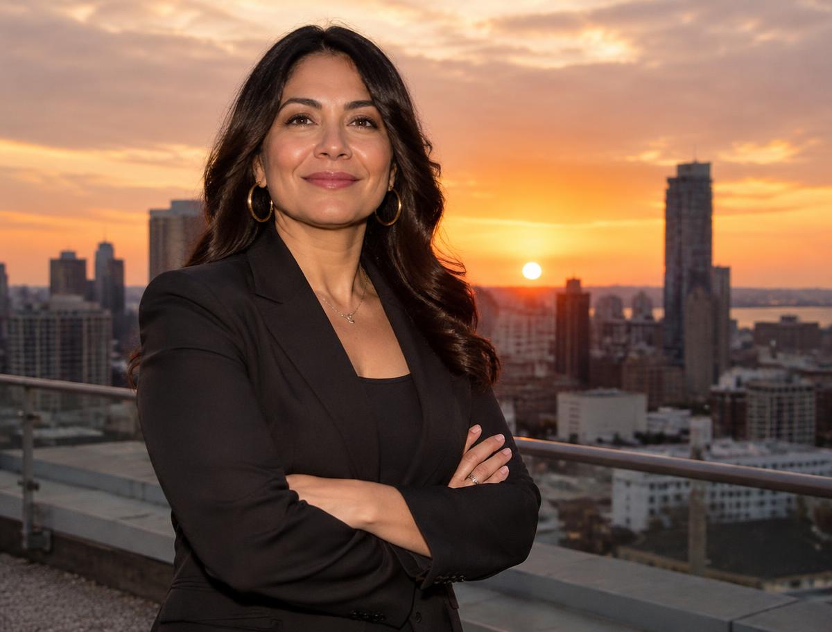 Confident woman on a city rooftop