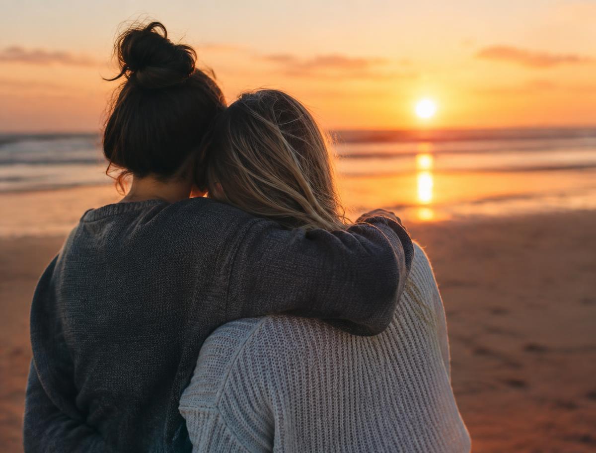 Two women embracing at sunrise